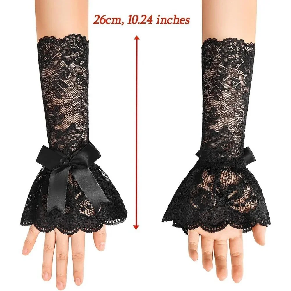 Women's Fingerless Black Bow Lace Gloves Elbow Sleeve Costume Party Prom